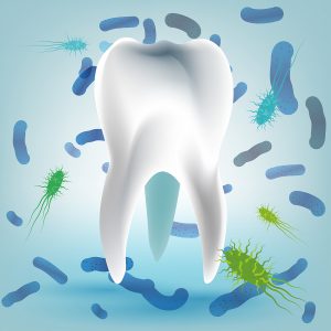 Microscopic bacterias and viruses around tooth in a virtual mouth. Hygiene medical concept. Vector illustration in light blue colors